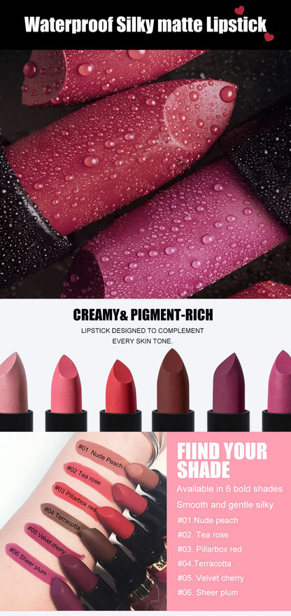 Matte Lipstick Nude Peach Brown Cherry Shades Velvety Smooth Long-Lasting Rich Pigment Waterproof Non-Stick Cup Lip Stick Makeup