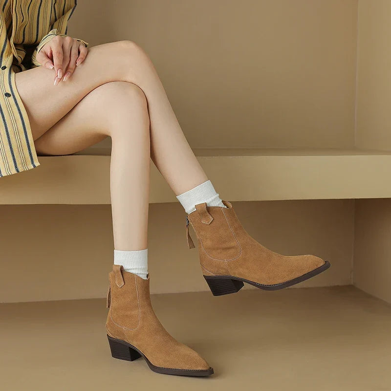2025 Autumn Winter Trend Cow Suede Women Western Boots Black Brown Khaki Purple Green Burgundy Pointed Toe Ladies Ankle Boots