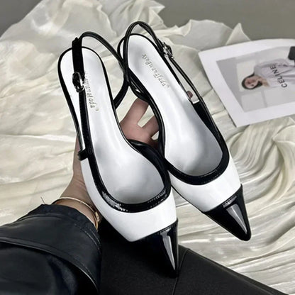 Designer Black White Mixed Color Low Heeled Sandals Women Sexy Pointed Toe Slingbacks Chunky High Heels for Women Elegant Heels