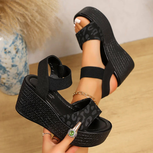 Women’s Wedge High Heel Peep Toe Sandals Leopard Platform Sandals Ladies Thick Sole Summer Shoes Espadrilles Zapatillas Mujer
