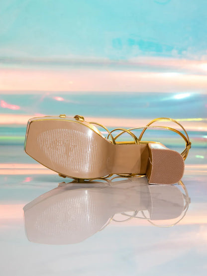 2026 Women's Gold Cross Strap Metallic Strappy Platform High Heels Chunky Sandals Party Evening Footwear Q-353