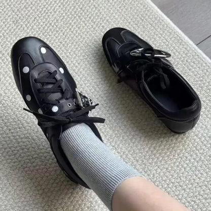 Korean Style Black Polka Dot Sneakers Women Spring 2026 Luxury Metal Decoration Designer Vulcanize Shoes Woman's Sports Shoes