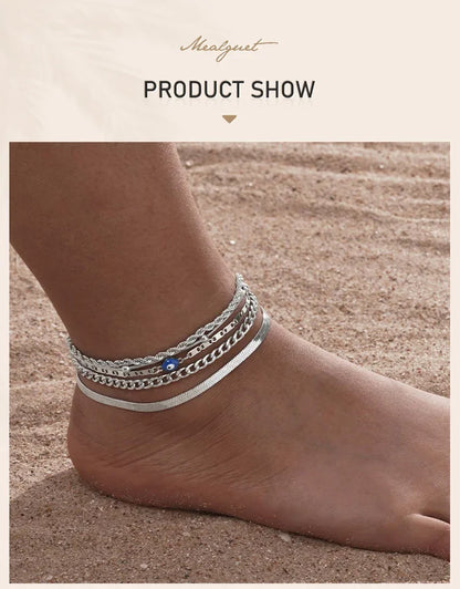 Silver Color Anklet Bracelets for Women Waterproof, Stainless Steel Layered Cuban Chain Herringbone Anklets Summer Beach Gift