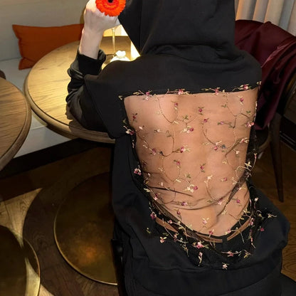 Women’s Backless Hollow Mesh Hoodie Long Sleeve Solid Color Sweatshirt Casual Top for Autumn and Winter Perfect Christmas Gift