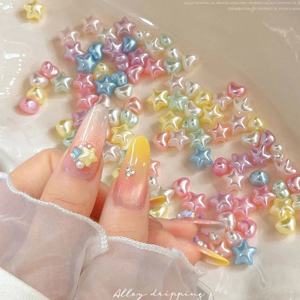 100PCS 2PACKS Macaron Star Heart 3D Pearlescent Pearl Rhinestone Nail Charms Mixed Color 6.5*10mm for Manicure DIY Love Heart
