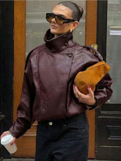 Fake leather Coat Women Y2k Faux Leather Jacket New Casual PU Jacket Motorcycle Style Leather Jacket Pebble Fall Personality