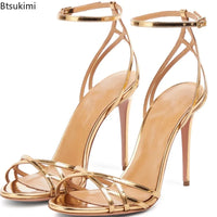 New 2026 Summer Women's Patent Leather Sandals Round Toe Open-toe Stiletto Sexy Ladies Sandals Thin High-heeled Banquet Dress