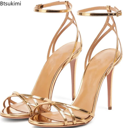 New 2026 Summer Women's Patent Leather Sandals Round Toe Open-toe Stiletto Sexy Ladies Sandals Thin High-heeled Banquet Dress