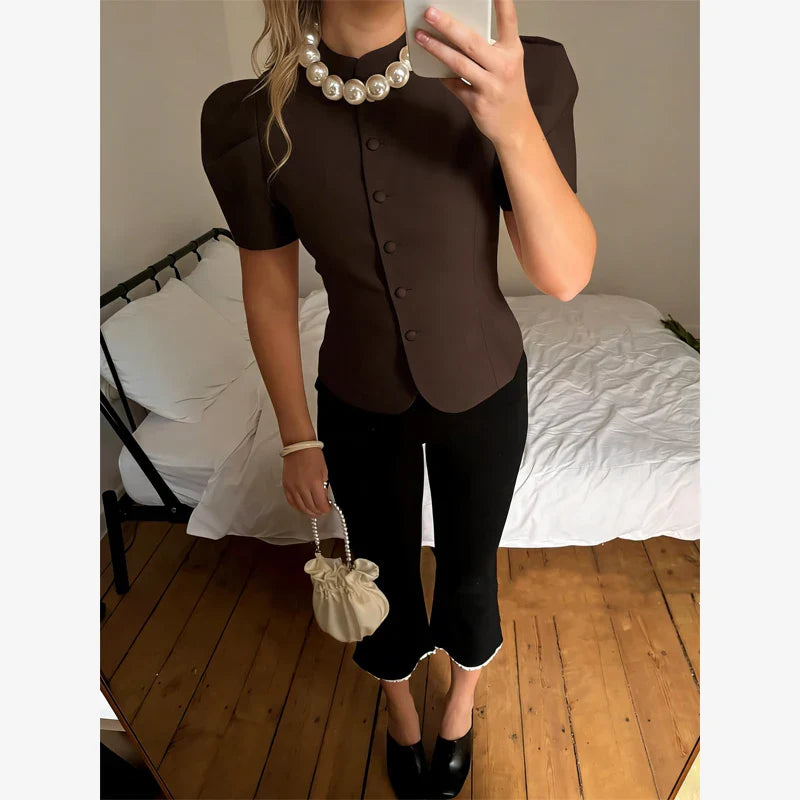 Satin Solid Round Neck Puffer Jacket Short Sleeve Slim Button Front 2026 Spring Retro Elegant Women Blouse Chic Office Lady Coat