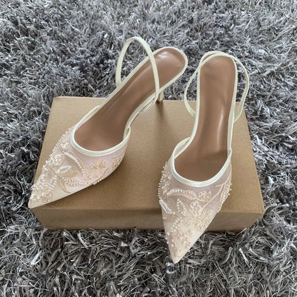 Black Embroidered Mesh Slingback High Heels Sandals for Women Designer Shoes Woman Elegant Style Wedding Party Pumps