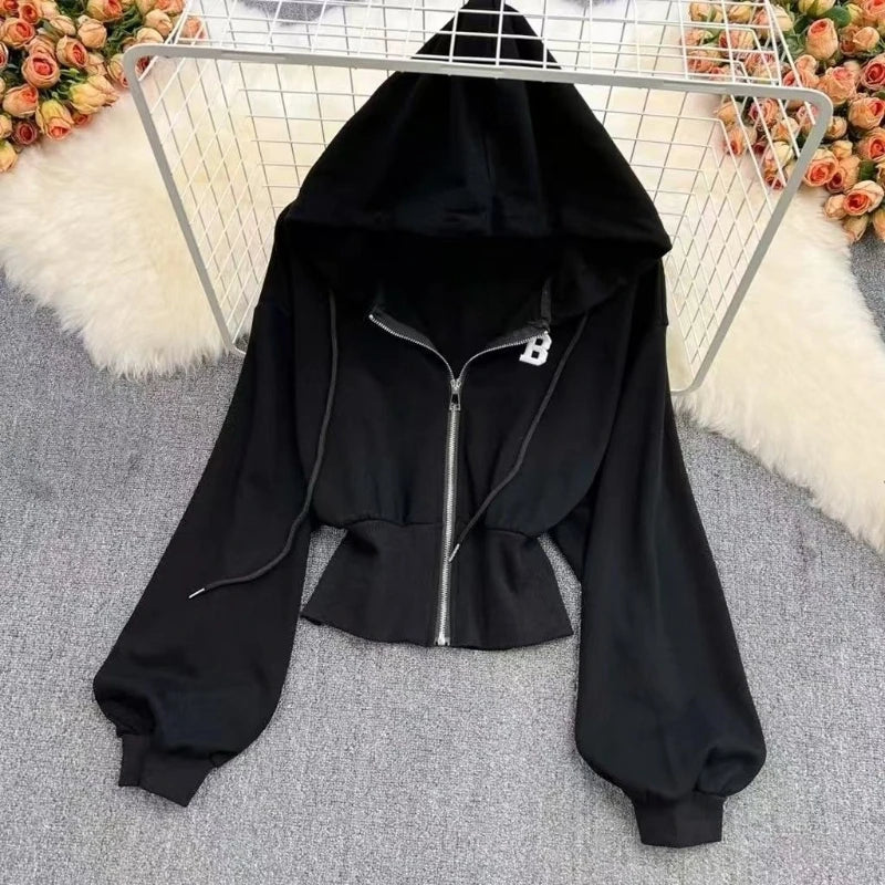 Y2k American Vintage Zip Up Hoodies 2000s Long Sleeve Subculture Hooded Sweatshirt Hot Girl Letter Short Slim Autumn Coat Chic