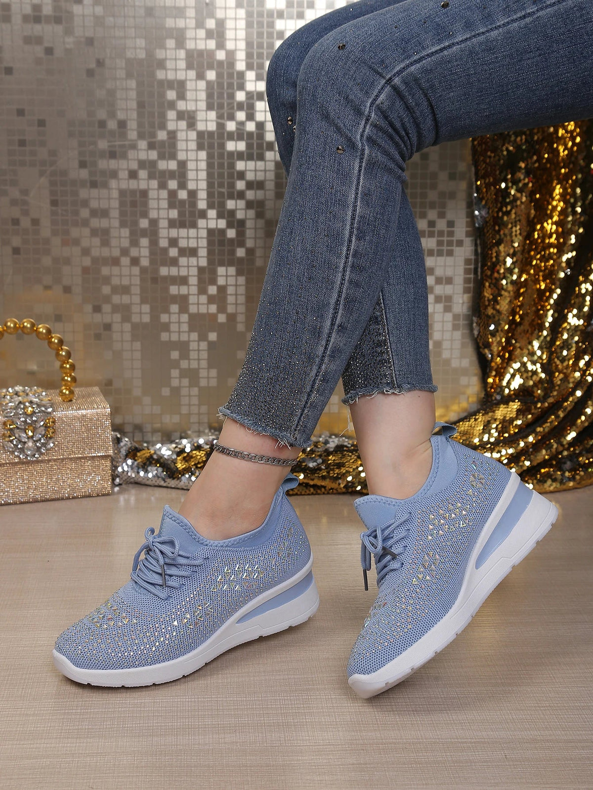 Women's Rhinestone Embellished Knit Mesh Wedge Sneakers, Adjustable Lace-Up Closure, Daily Walking Casual Footwear
