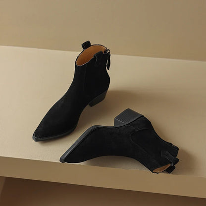 2025 Autumn Winter Trend Cow Suede Women Western Boots Black Brown Khaki Purple Green Burgundy Pointed Toe Ladies Ankle Boots