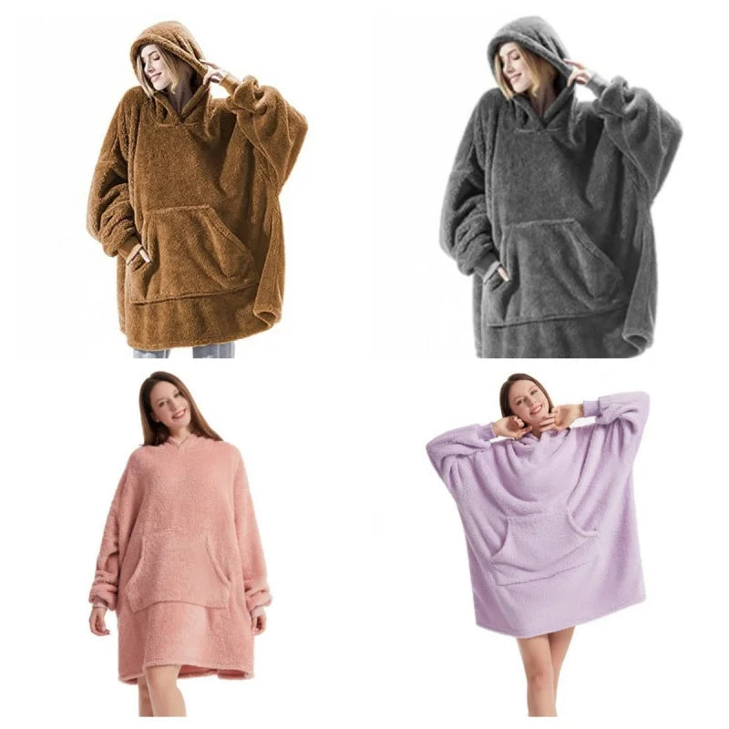 Winter Warm Unisex Double-faced Fleece Hooded Sweatshirts Casual Loose Long Thicken Pocket Pullover Batwing-sleeved Home Clothes