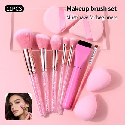 11Pcs Pink Makeup Brush Set with Sponge & Puff, Professional Glitter Handle Brushes for Foundation, Eyeshadow, Blush, Full Face