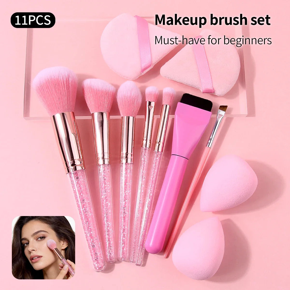 11Pcs Pink Makeup Brush Set with Sponge & Puff, Professional Glitter Handle Brushes for Foundation, Eyeshadow, Blush, Full Face
