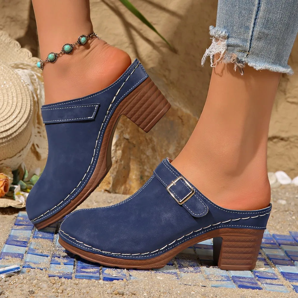 Slippers Women 2026 Summer New Plus Size Round Toe Women's Sandals Outdoor Rome Ladies Shoes Buckle Chunky Heel Slippers