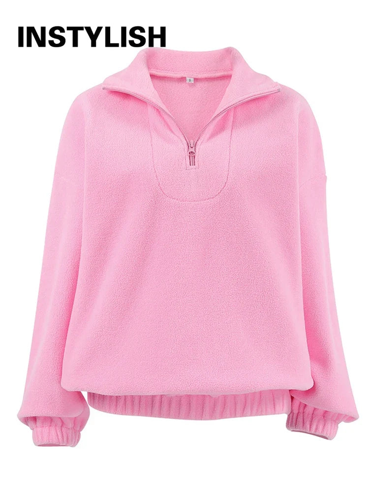 Women Autumn Winter Fleece Hoodies Elegant Stand Collar Zipper Loose Sweatshirt Elegant Solid Pullover Casual Top Streetwear