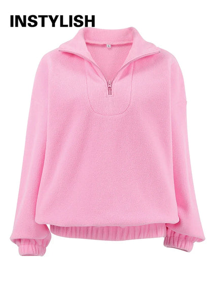Women Autumn Winter Fleece Hoodies Elegant Stand Collar Zipper Loose Sweatshirt Elegant Solid Pullover Casual Top Streetwear