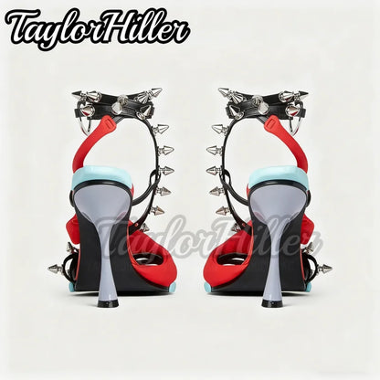 Punk Style Rivets Flower Heeled Sandals Open Toe Mixed Color High Heels Women Luxury Designer Summer Spike Heel Shoes Y2K Shoe