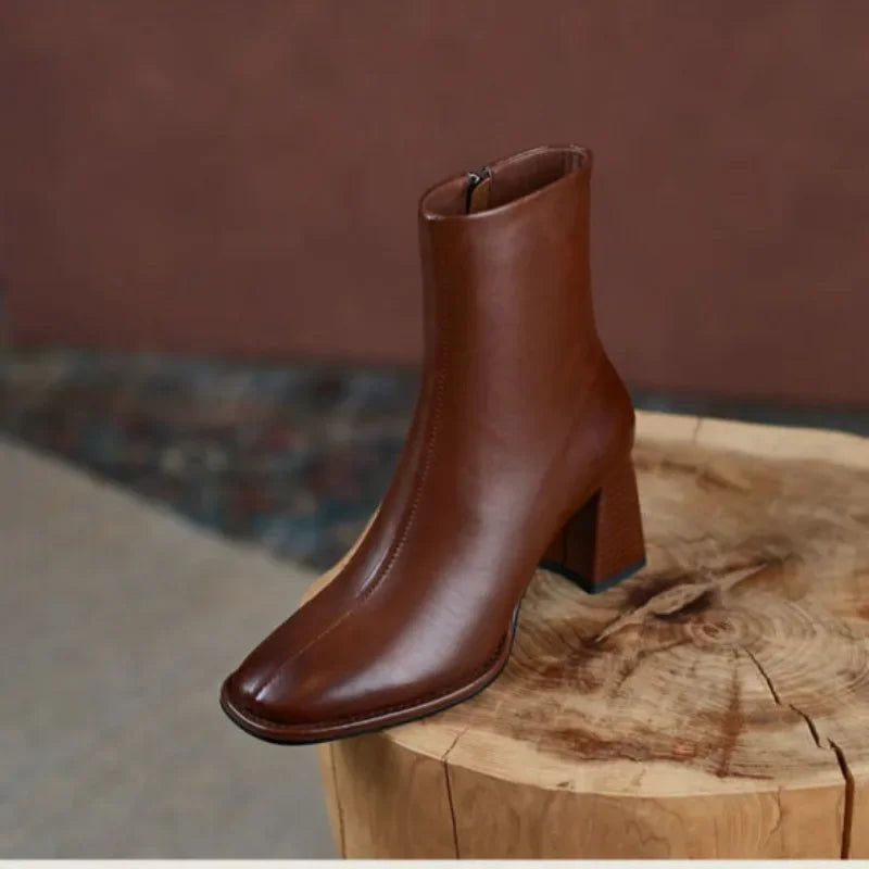 2024 Autumn and Winter New Fashion Square Head Retro High Thick Heel Side Zipper Skinny Short Boots Women's All-match Nude Boots