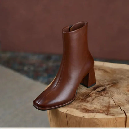 2024 Autumn and Winter New Fashion Square Head Retro High Thick Heel Side Zipper Skinny Short Boots Women's All-match Nude Boots