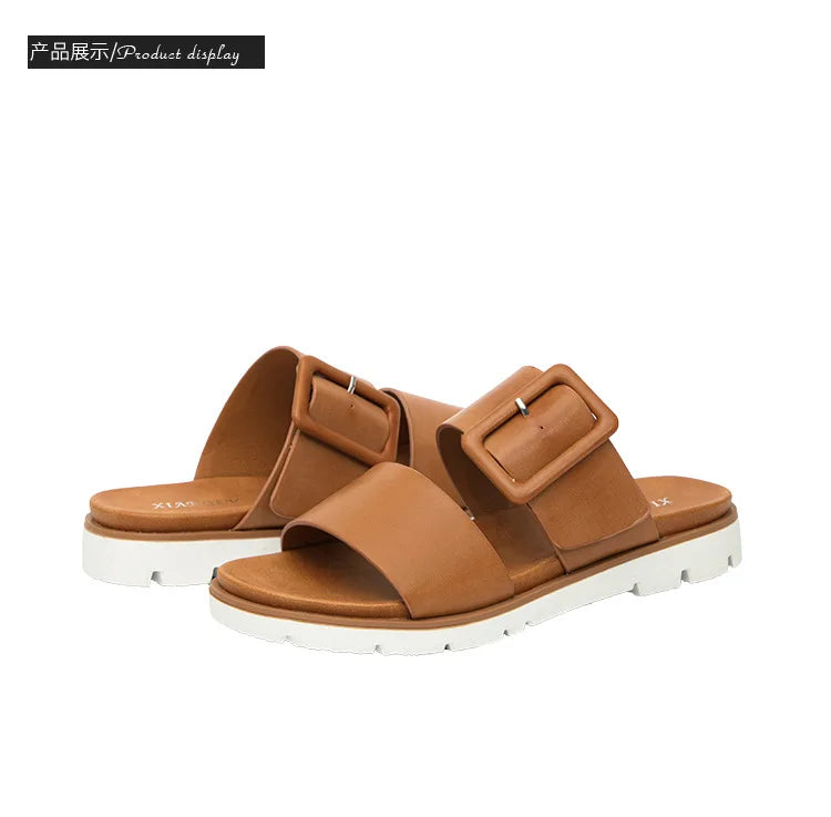 Adjustable Square Buckle Women Slide Sandals Two Strap Platform Slippers Low Heel Soft Sole Summer Open Toe Walking Casual Shoes