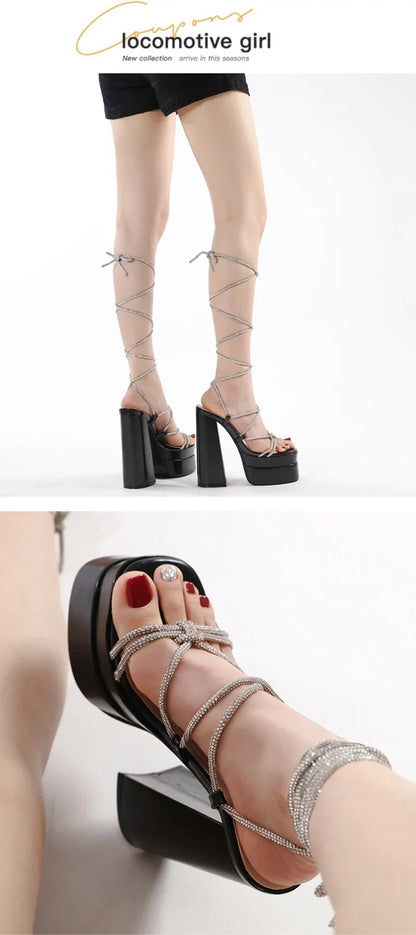 MM2025 New Arrival Rhinestone Embellished Knot T-Strap Heels Roman Peep-toe Summer Sandals Shiny Perfomance Anniversary Footwear