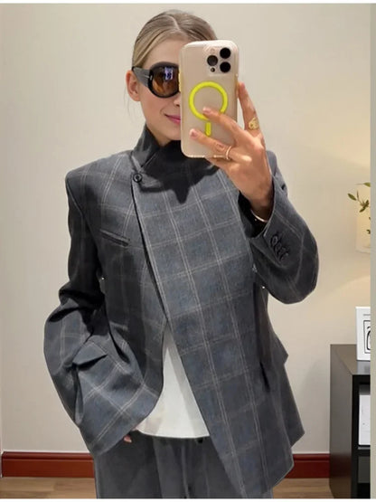 Chic Plaid Women Blazer Jackets Casual Split Loose Stand Collar Full Sleeve Short Jacket 2026 Lady Fashion Daily Commute Outwear