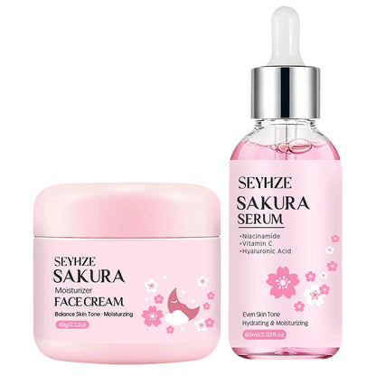 SEYHZE Sakura Collagen Essence + Moisturizing Cream Facial Care Set - 2pcs Packed with Collagen Peptides Vitamin C/E Aloe Niacin