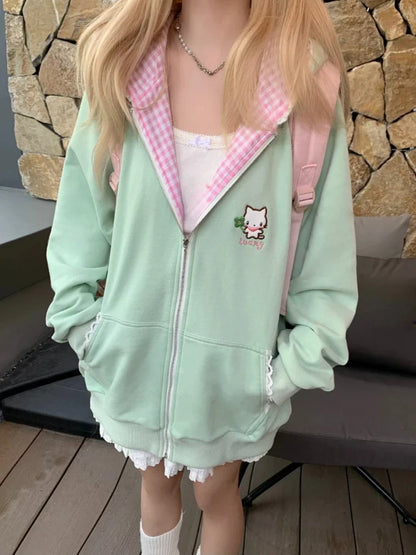 Japanese Sweet Coats Y2K Clothing Hoodie Women Tops Autumn and Winter Color Match Splicing with Thick Velvet Cardigan Jackets