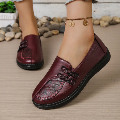 Women's Spring Autumn Leather Loafers Floral Embossed Slip‑On Flats Anti‑Slip Comfort Casual Mom Daily Walking Free Shipping