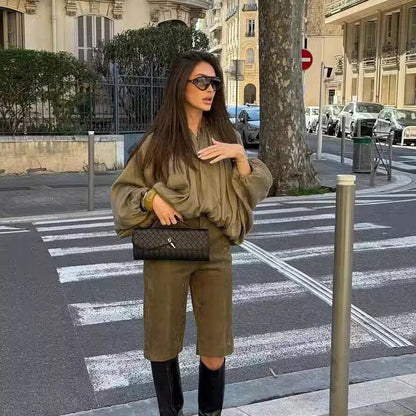 Women's Bomber Jacket Long Sleeve Pleats Street Wear With Zipper Green Beige Vintage Oversize Zip Up Casual Summer Jacket female