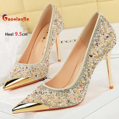 Shiny Crystal Apricot High Heels 9.5cm Women's Shoes Thin Heels Metal Pointed Ladies Pumps Shallow Slip On Stiletto Party Shoes