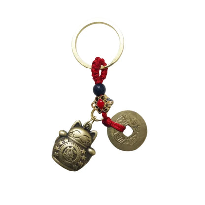 1Pc Vintage Handmade Lucky Cat Keychain Five Emperors Feng Shui Coins Key Ring Car Pendant Lucky Ornament Gift