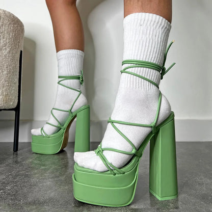 Women Sandals Brand New Sexy Chunky High Heels Pumps Platform Dress Shoes Party Wedding Shoes Cross Lace Up Female Sandals 2025