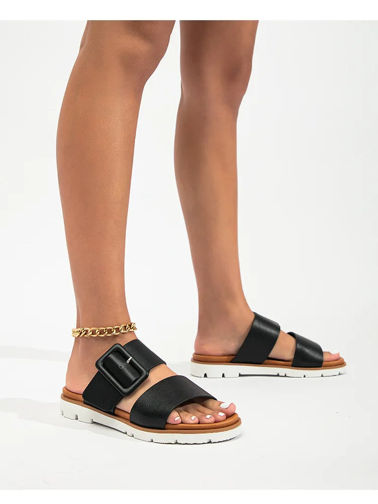Adjustable Square Buckle Women Slide Sandals Two Strap Platform Slippers Low Heel Soft Sole Summer Open Toe Walking Casual Shoes
