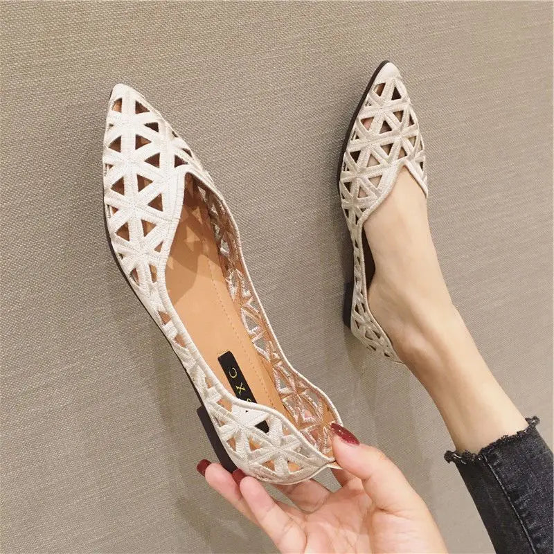 Flat Shoes Women 2026 Summer Pointy Joker Hollow Leisure Commuter Flat Spring Elegant Women's Shoes Breathable Hole Shoes
