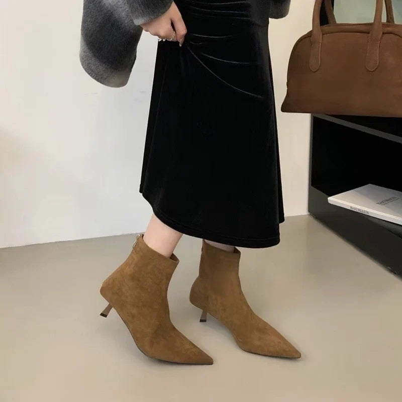 SUOJIALUN 2024 Winter New Brand Women Short Boots Fashion Pointed Toe Ladies Elegant Ankle Boots Thin High Heel Dress Pumps Shoe