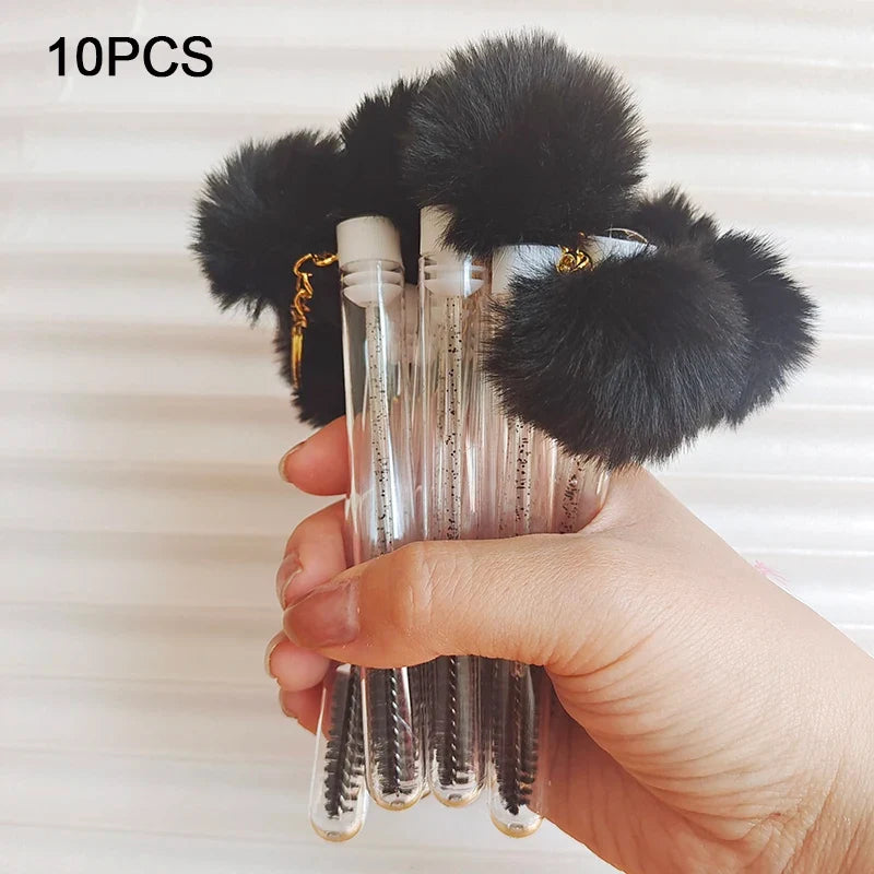 10pcs Eyelash Eyebrow Brush With Hairball Keychain Mascara Wand Reusable Lash Extension Clear Micro Comb Container Makeup Tool