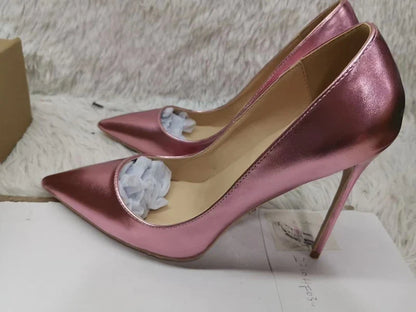Pink Metallic Leather Woman High Heel Shoes Pointed Toe Shallow Stiletto High Heels Pumps Slip-on Polished Leather Runway Shoes