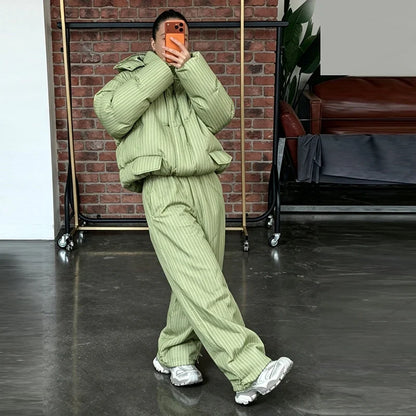 Women's Striped Puffer Jacket Two Piece Set Detachable Hood Cropped Puffer Coat Wide Leg Pants Outfit 2026 Winter Casual Coats