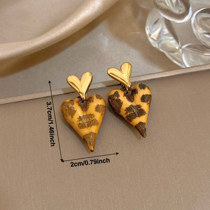 Greatera Caramel Amber Patterned Irregular Heart Earrings For Women Charm Stainless Steel Waterproof Popular Ear Accessories New