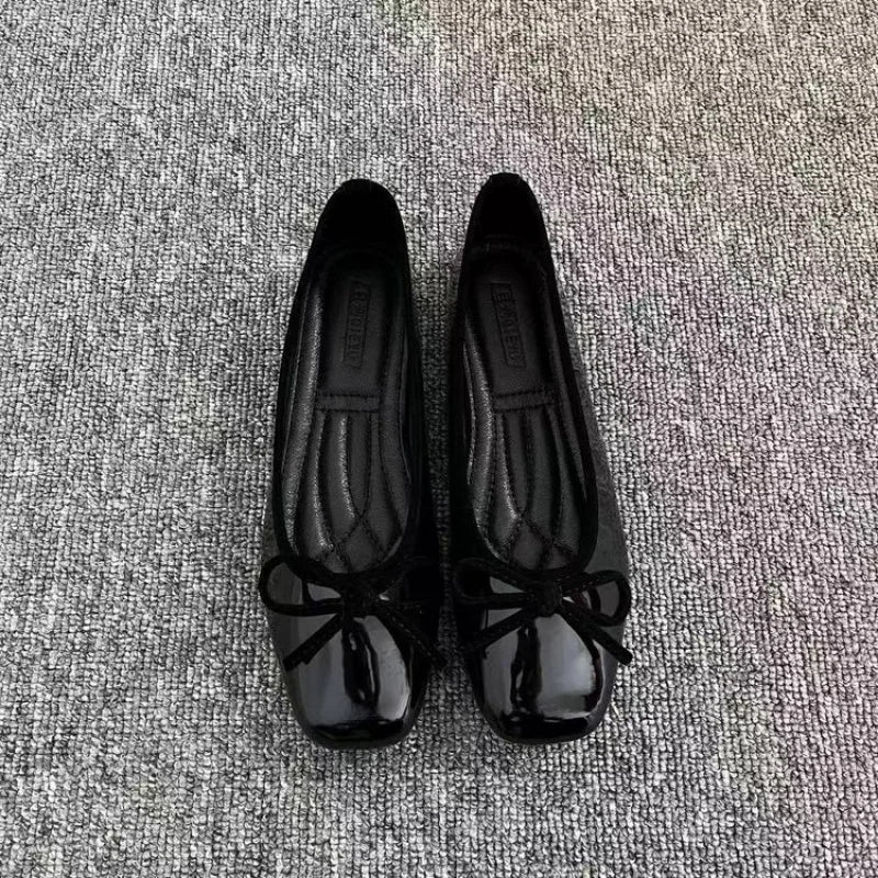 2026 New Women's Patent Leather Bow Ballet Flats, Square Toe Soft Sole Slip-on Casual Shoes for Spring Summer