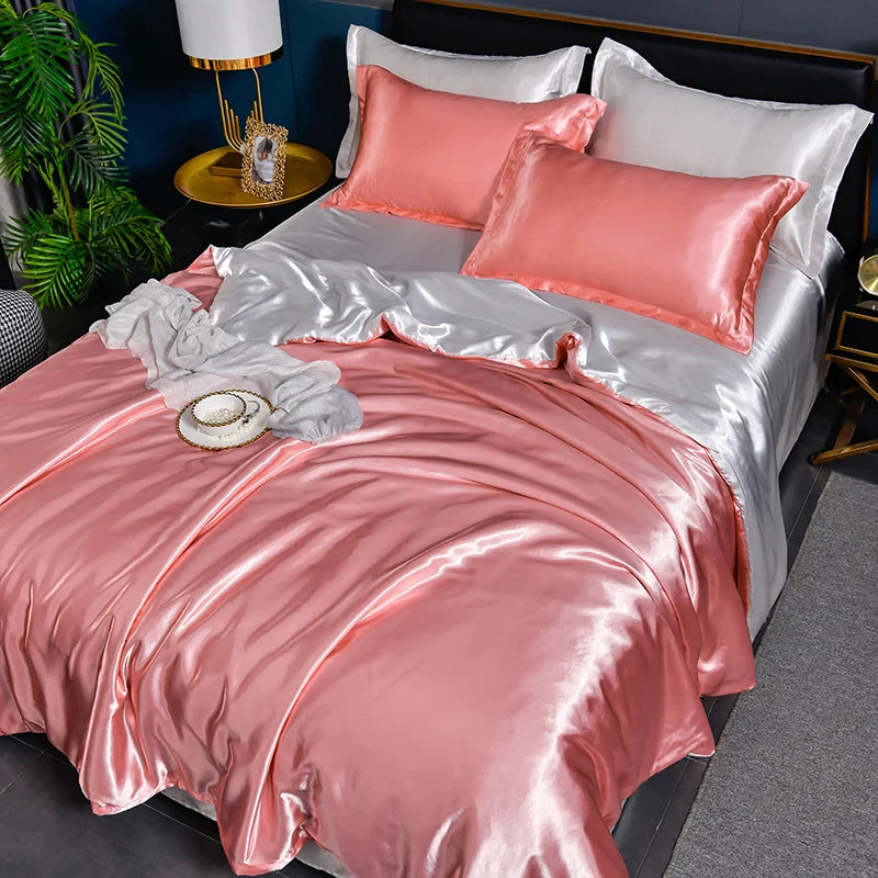 A/B Double-Sided Color Bedding Set Silky Satin Duvet Cover Bed Sheet Pillowcase Luxury Bedsheet King Queen Double Twin Size