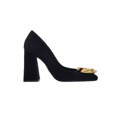 Vintage Elegant Women's Pumps Black Suede Leather Square Toe Block Heel, Gold Metal Flower Buckle Office Party Dress Shoes