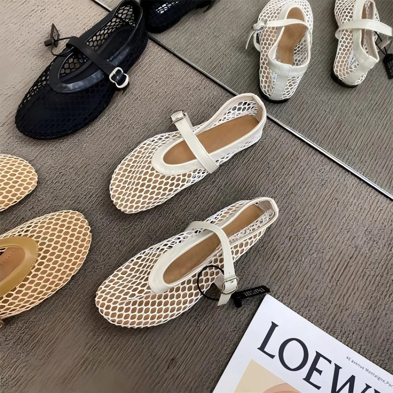 Women's Mary Jane Flats 2026 New Hollow Out Mesh Breathable Fishnet Ankle Strap Casual Summer Sandals