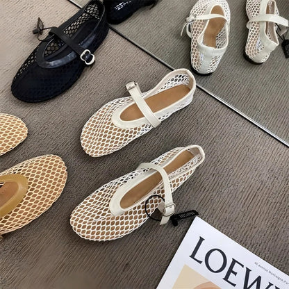 Women's Mary Jane Flats 2026 New Hollow Out Mesh Breathable Fishnet Ankle Strap Casual Summer Sandals