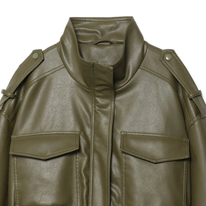 Women's Jacket Faux Leather Jacket Green Women's Demi-Season Jacket Outerwears Women's Autumn New In Coat Windbreaker Streetwear
