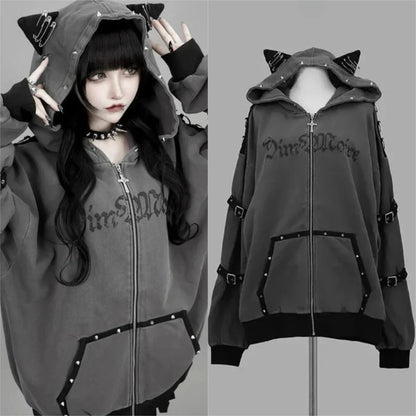Japanese Sweet Coats Y2K Clothing Hoodie Women Tops Autumn and Winter Color Match Splicing with Thick Velvet Cardigan Jackets